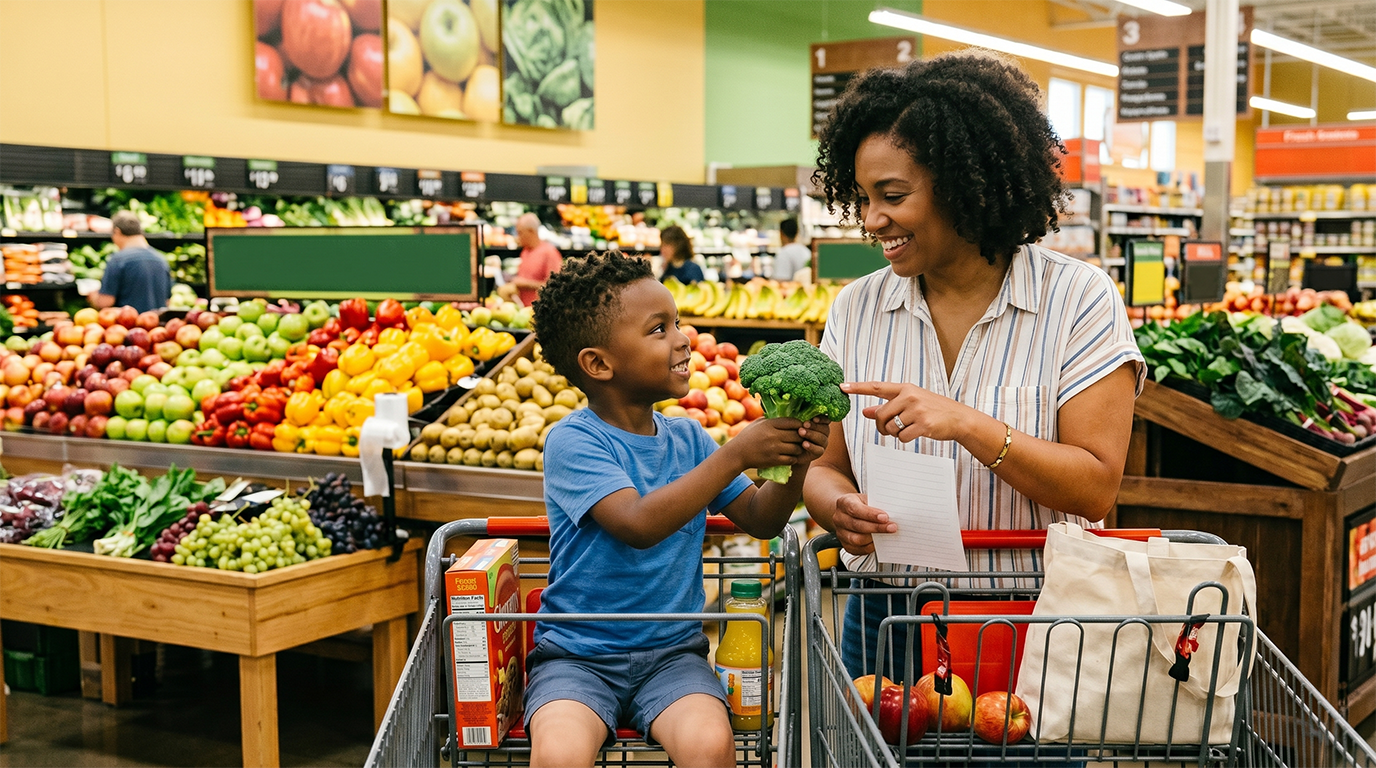 Mom and Son in Grocery Store